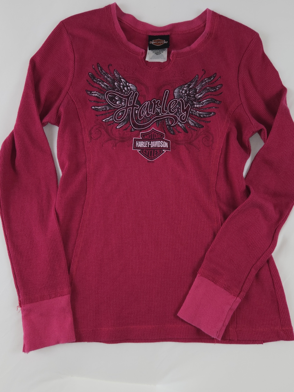 Harley Davidson Womens Thermal Long Sleeve Shirt Pink Size Small Waffle Knit